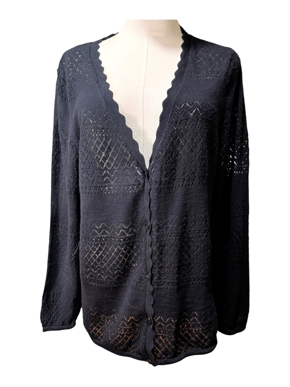 Frye Black Pointelle Diamond Knit Scalloped V-Neck Cardigan Sweater XL